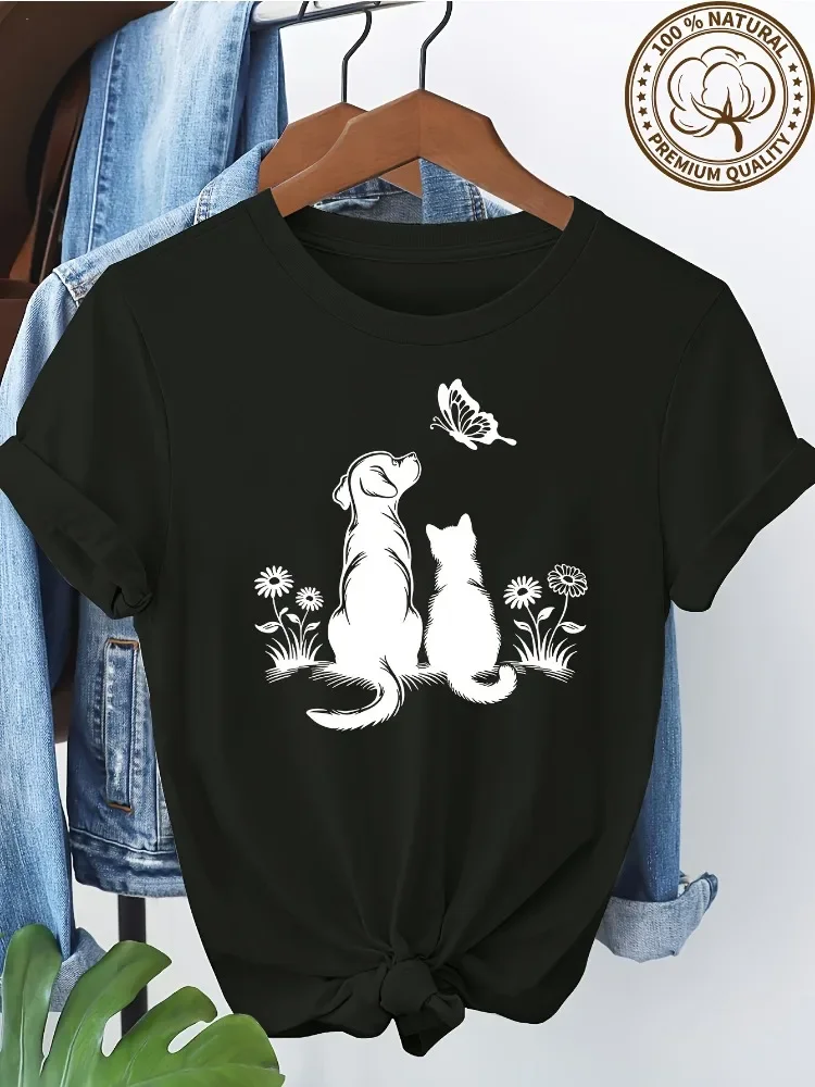 

Хлопковый женский топ с короткими рукавами для кошек, собак, бабочек, силуэта, художественный и натуральный топ для пикника на открытом воздухе на тему домашних животных