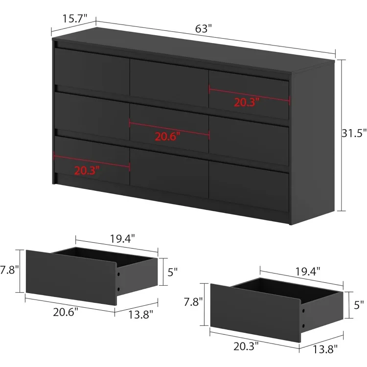 Dresser for Bedroom with 9 Deep Drawers, Large Modern Chest of Drawers Handle Free, Freestanding Black Long Dressers