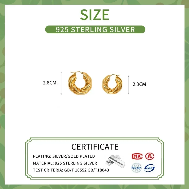 Real 925 Sterling Silver 18K Gold Twist Round Hoop Earrings for Women Classic Fine Jewelry High Luxury Vintage Accessories