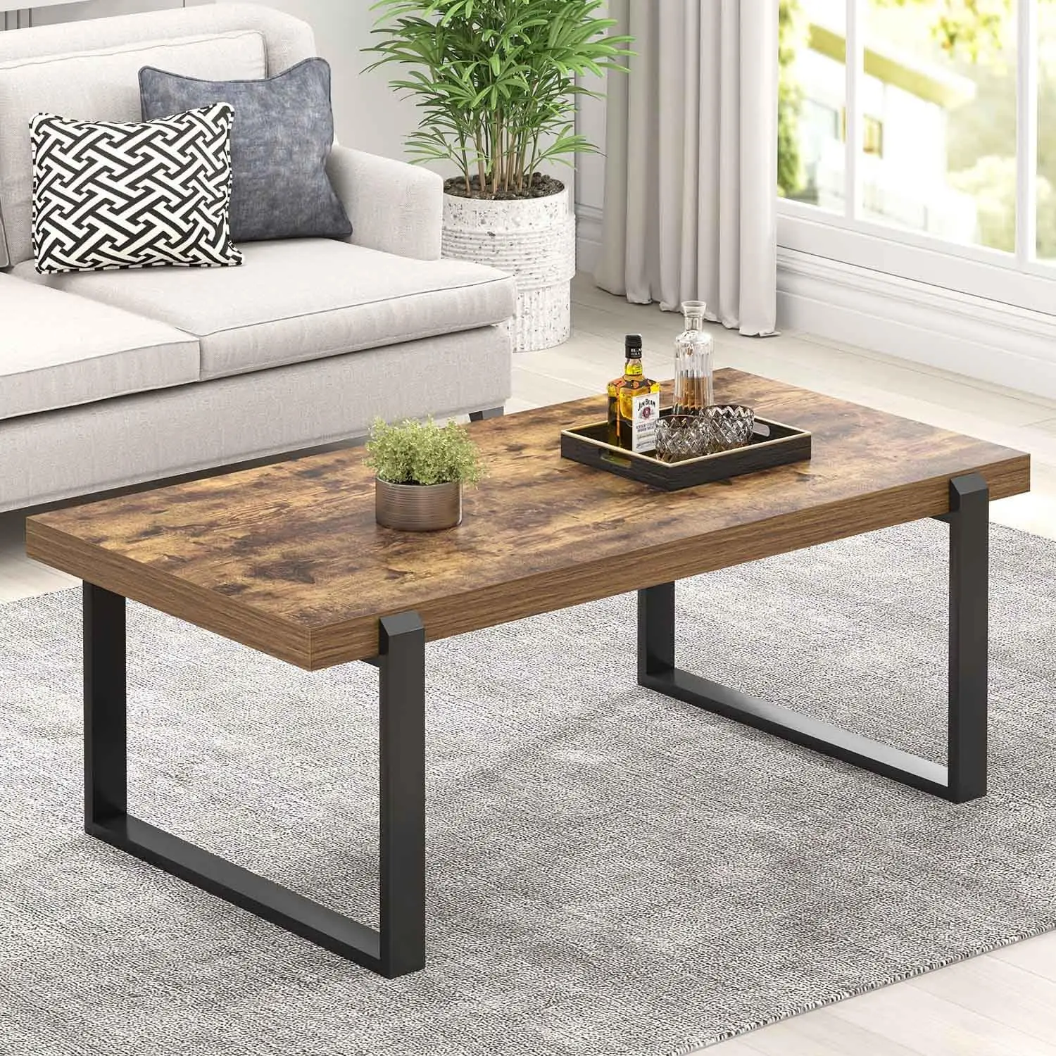 

Coffee Table, Modern Rustic Wood and Metal Center Table, Industrial Rectangle Cocktail Tea Table for Living Room, Brown, 47 Inch
