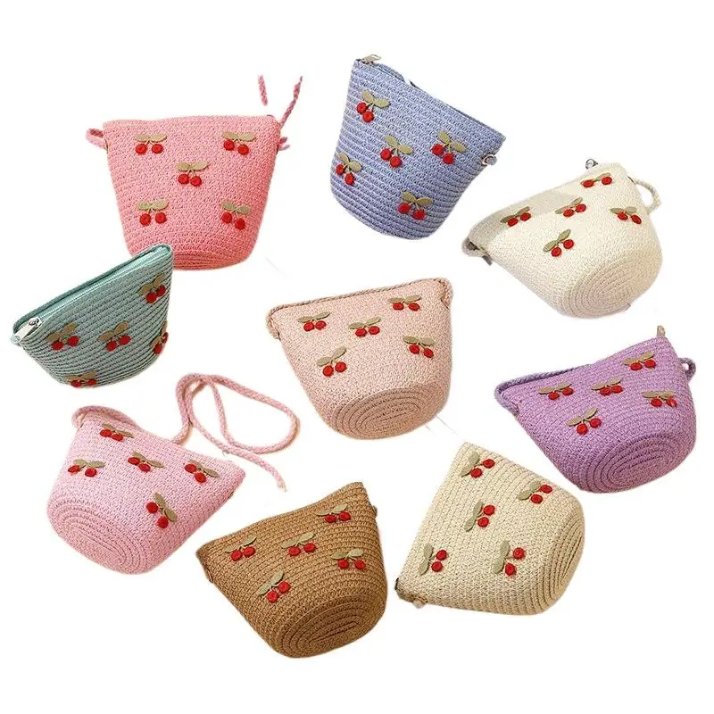 Faltbare gewebte Strohtasche für Kinder, Sommer-Schultertaschen für Mädchen, rote Kirschen, Kinderhandtaschen, Strand- und Reisetaschen, kleine Geldbörsen – Detail 6
