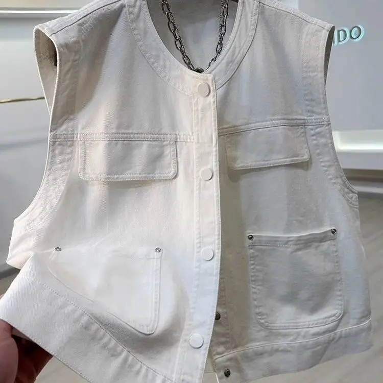 2025 em torno do pescoço casual denim colete feminino primavera e outono sem mangas colete jaqueta empilhados casaco feminino