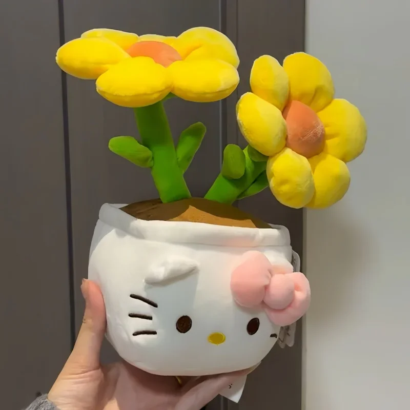 Original With Tag Hello Kitty Flower Plush Toy Cartoon Potted Plant Doll Kitty Cat Plushies Desktop Home Decor Gifts Girl Yellow