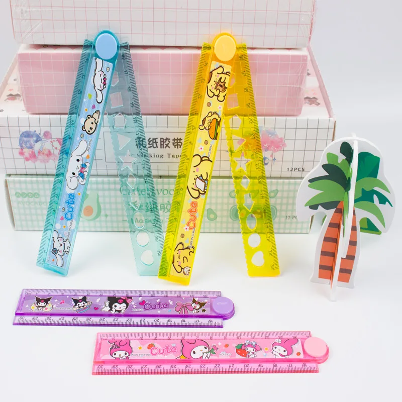 4pcs Sanrio Cartoon Kuromi Rotating Folding Ruler 30cm Kawaii Melody Cinnamoroll Student Multi Functional Ruler Stationery