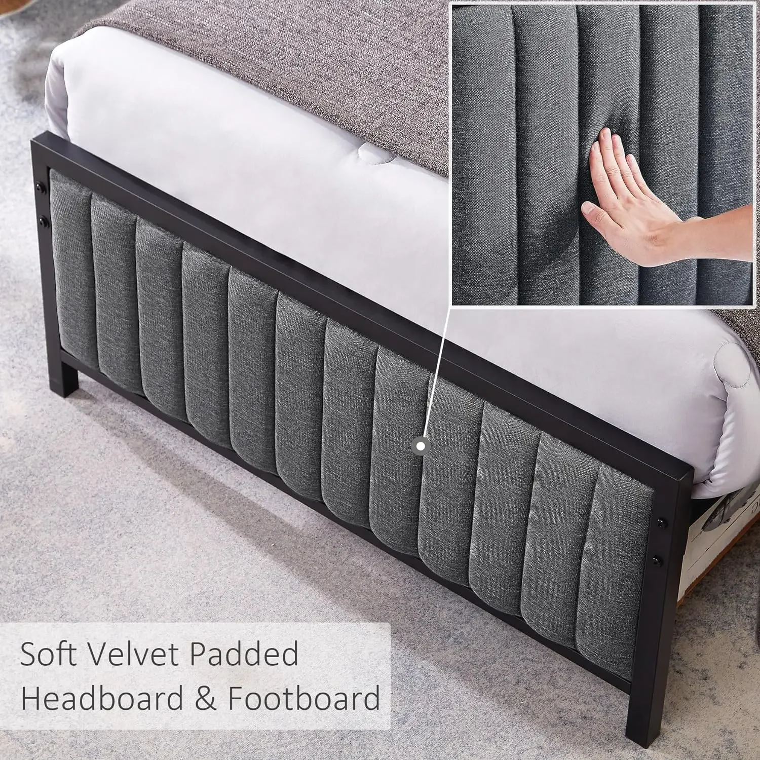 Bedframe Met Gestoffeerd Getuft Hoofdeinde En Voetenbord, Heavy Duty Stalen Latten Platform, Geen Boxspring Nodig