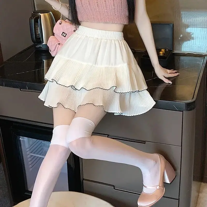 Jupe trapèze en mousseline de soie Kawaii pour femmes, jupes féminines à volants, vêtements haut de gamme modestes, mode coréenne décontractée, tendance Harajuku, mignon, 2024