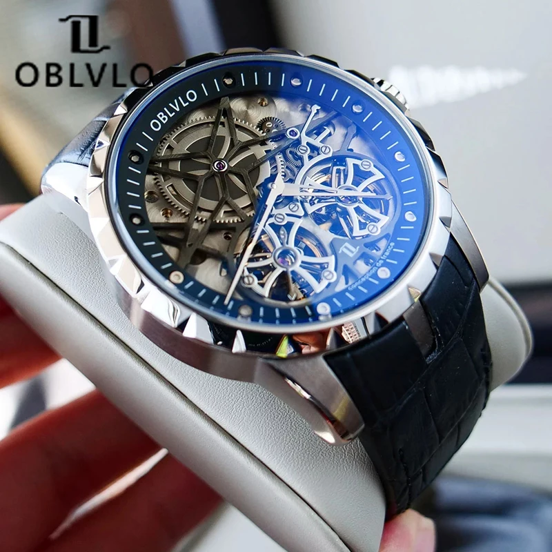 OBLVLO Top Brand Designer Military Male Watches Skeleton Waterproof Double Tourbillon Automatic Mechanical Watch Montre Homme