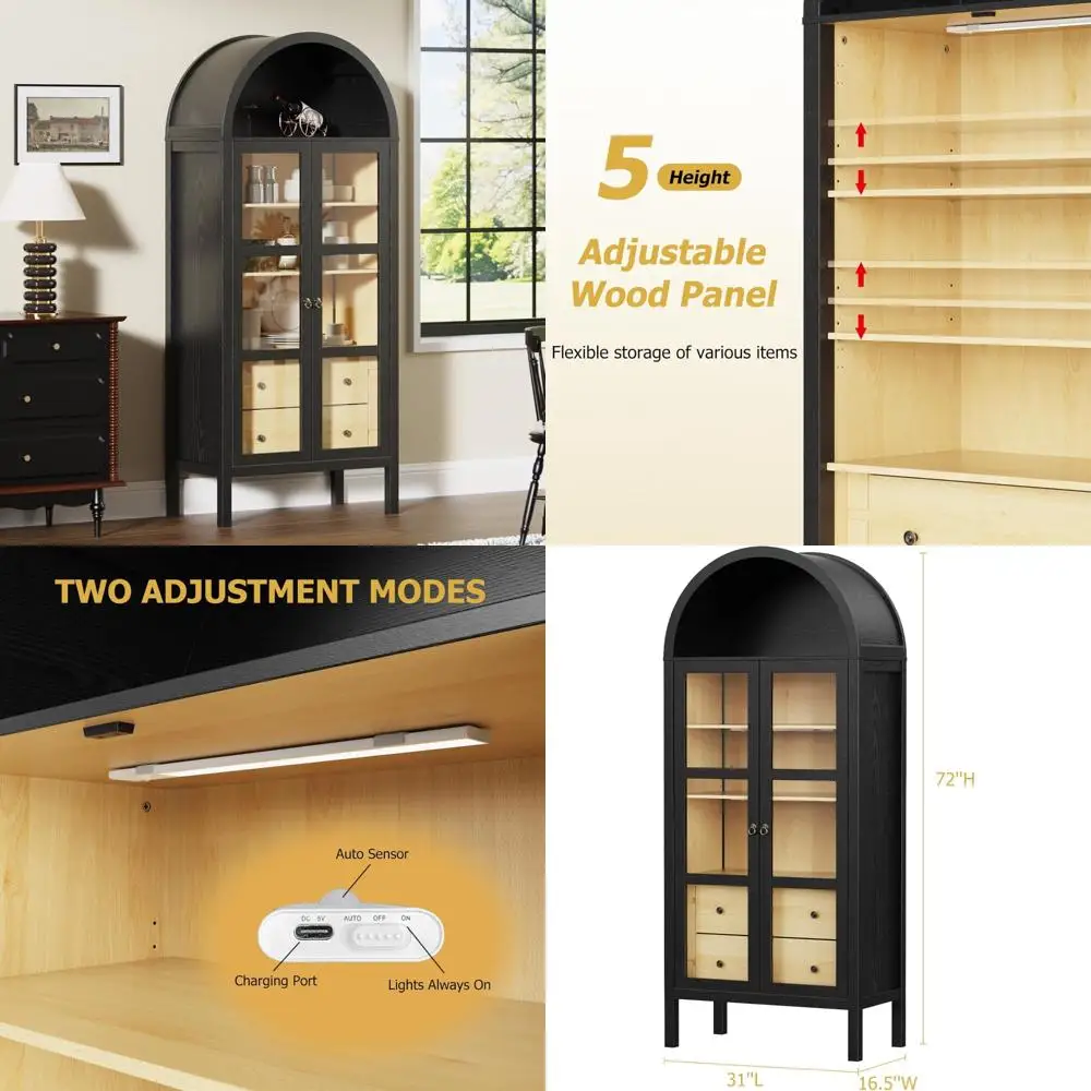 خزانة على طراز المزرعة الحديثة بطول 72 بوصة مع أبواب زجاجية مقوسة وأرفف قابلة للتعديل