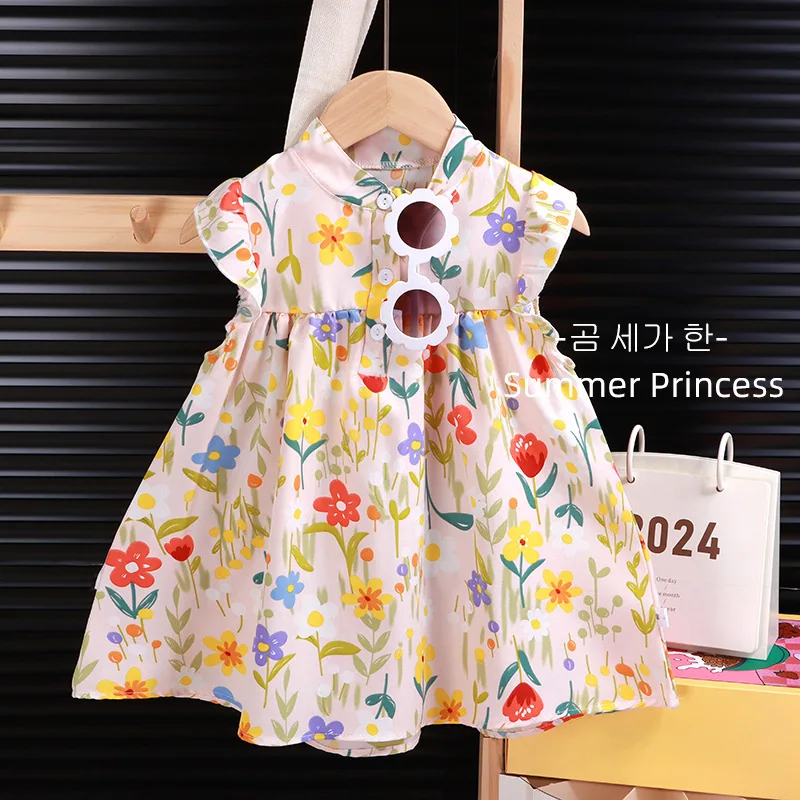 Girls Floral A-Line Summer Cute Princess Style Flowy Sundress For Children Daily Party Holiday Seaside Soft Casual Sweet Outfit