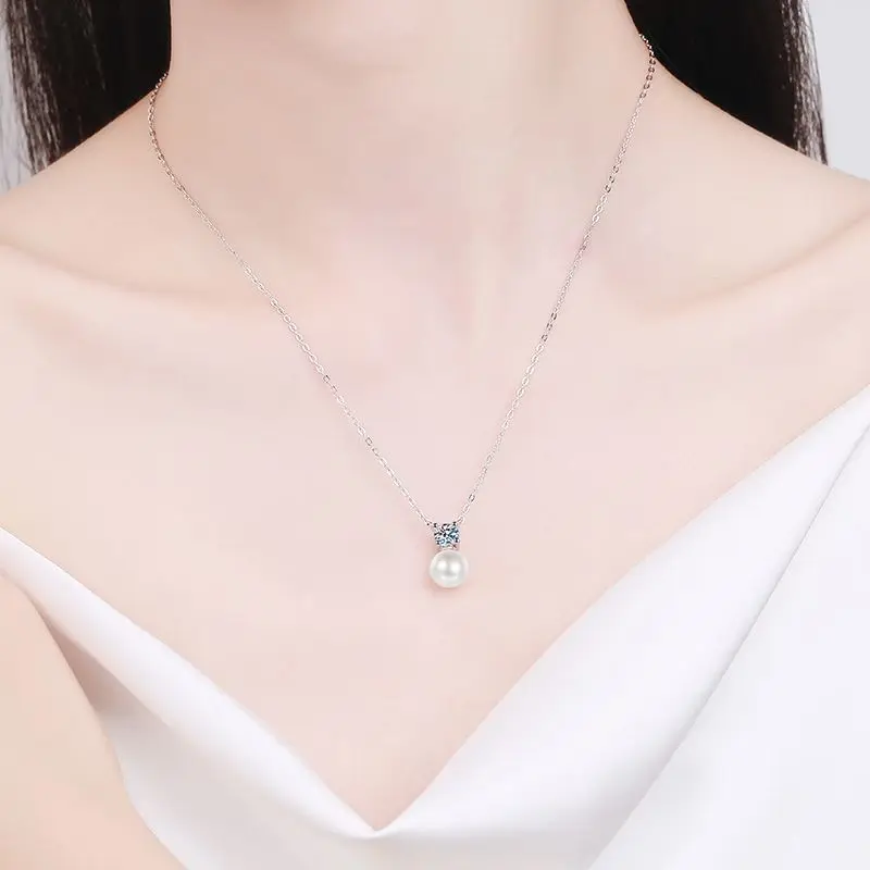 S925 Sterling Silver Collar Chain 8mm Pearl 0.5ct Moissanite Necklace for Women image 5