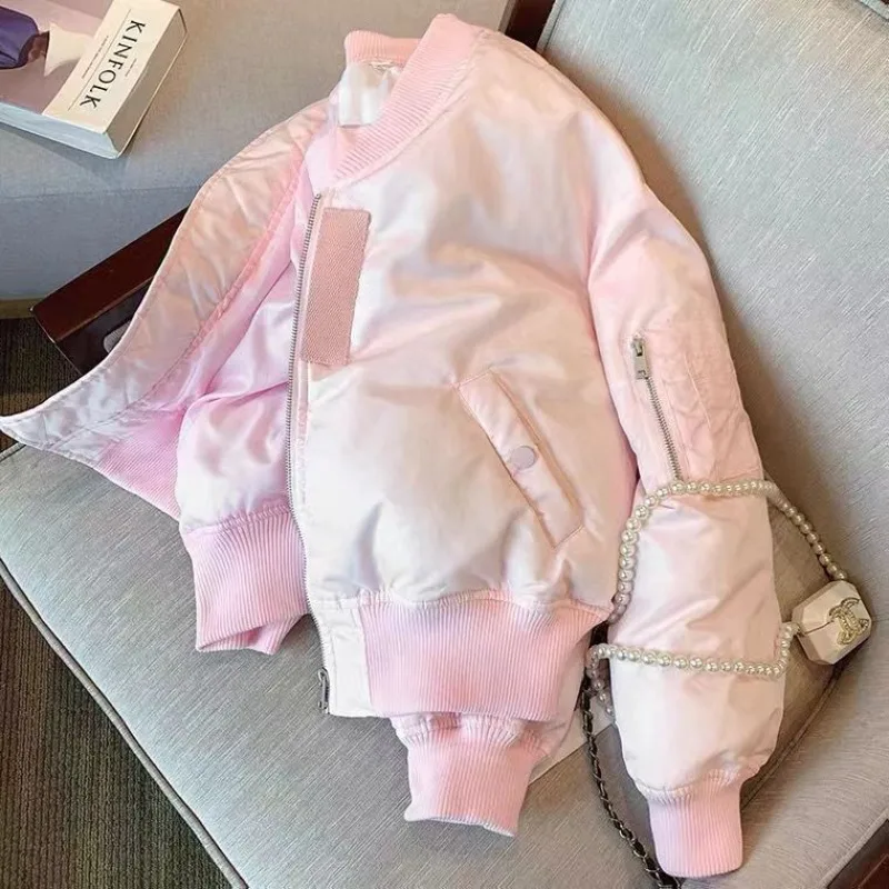 Women's Clothing Pink Stand-up Collar Thicken Baseball Jacket Short Top Outerwear Petite Autumn Winter New Sweet Parkas