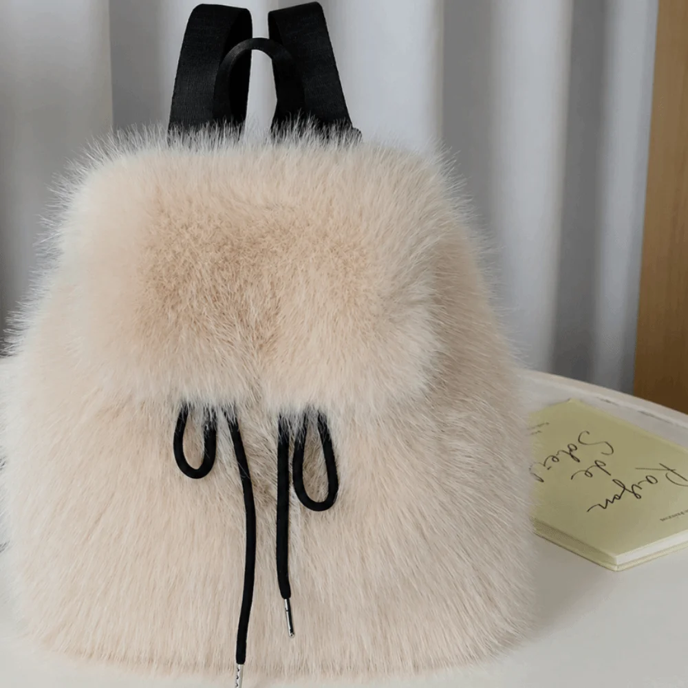 Drawstring Faux Fur Backpack Adjustable Closure Solid Color Mini Daypack Lightweight Leopard Print Knapsack Formal Use