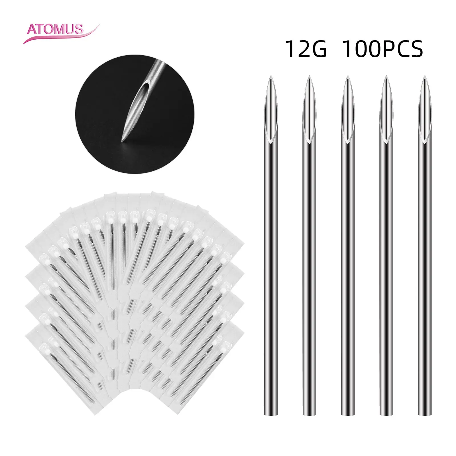 

ATOMUS 100pcs Piercing Needles Sterile Disposable Body Piercing Needles 12G For Ear Nose Ear Navel Nipple