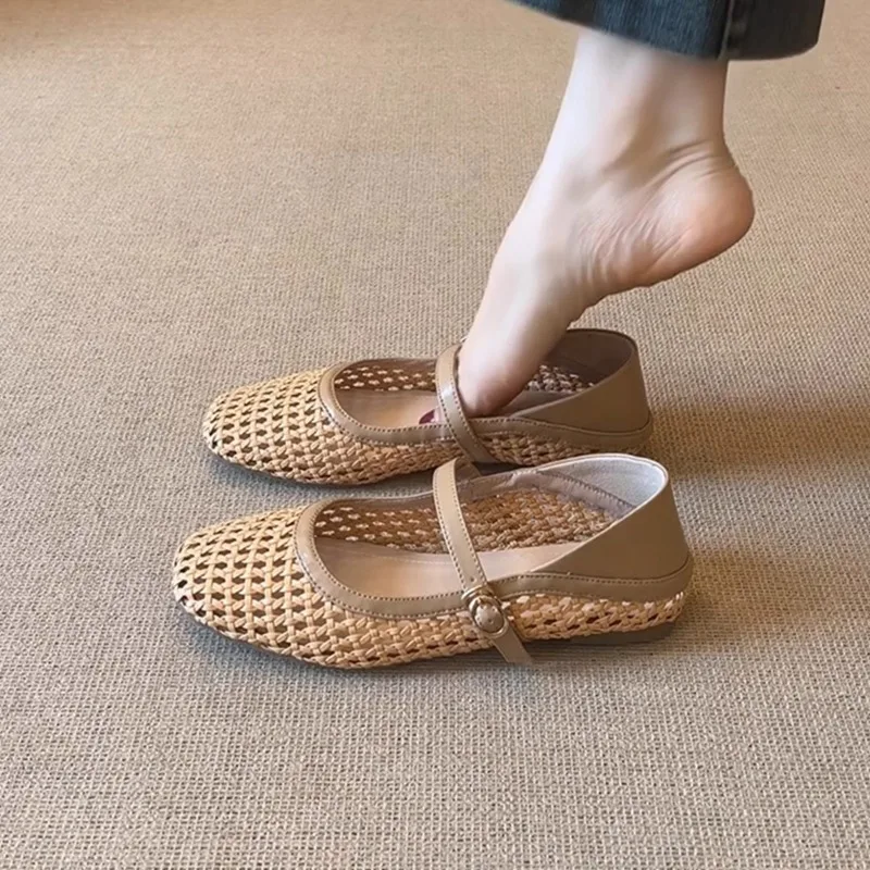 

Summer New Woven Flat Shoes for Women Square Toe Mary Jane Shoes Casual Hollow Cool Sandals Multifunctional Slippers for Women