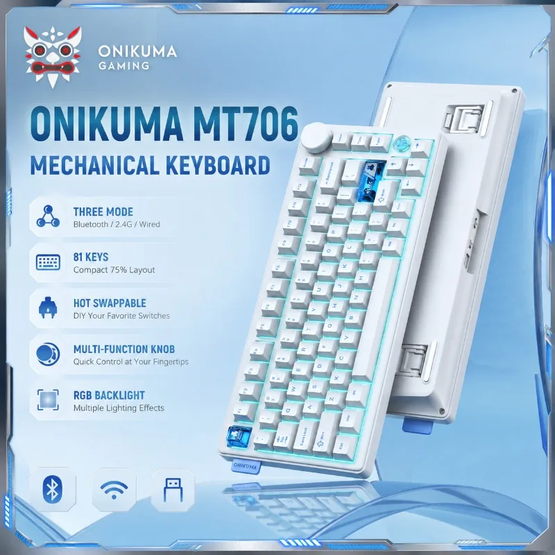 ONIKUMA MT706 Mechanical Keyboard RGB Gaming Three Mode Wireless Bluetooth 2.4G USB C Gasket Hot Swappable Knob Compact 81 Key