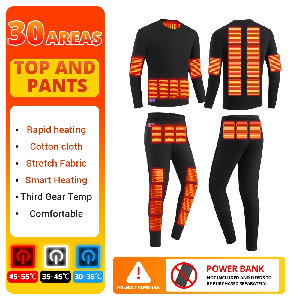 Winter Heated Underwear 30 Areas Thermal Underwear Women Men Heating Jacket Pants USB Electric Heated Skiing Camping Underwear