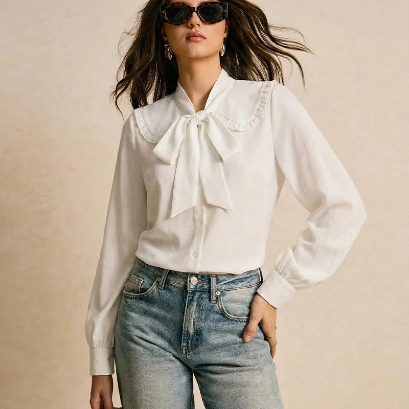 

Vintage Long Sleeve Loose Tops For Women 2025 Fashion White Lace-up Shirts And Blouses Elegant