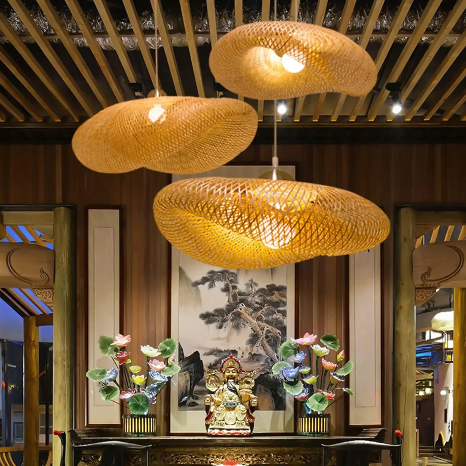 2024 Weaving LED Pendant Light HandMade Vintage Home Hanging Chandelier Lighting Living Room Kitchen Rattan Woven Pendant Lamp image 4