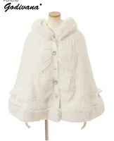 Capa de punto con capucha y cinta grande de doble capa para mujer, Ponchos japoneses suaves y gruesos, 3 colores, chaqueta cálida para otoño e invierno