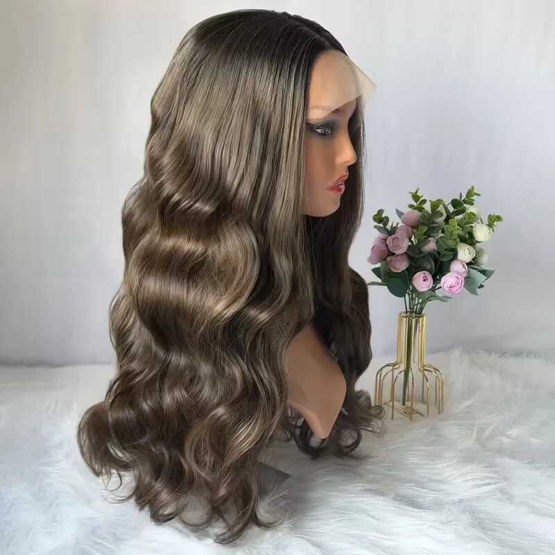 شعر مستعار ناعم طويل مموج أومبير بني داكن يسلط الضوء على شعر مستعار Balayage للنساء جودة عالية الاصطناعية HD الدانتيل الجبهة الباروكات للنساء