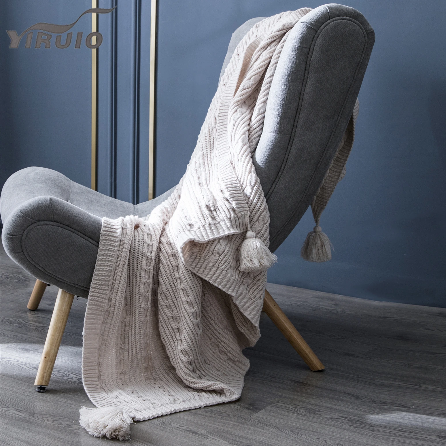 

YIRUIO Elegant Cable-knit Stripe Blanket Nordic Style Tassel Decorative Couch Bed Throw Blanket Soft Acrylic Knitted Blanket