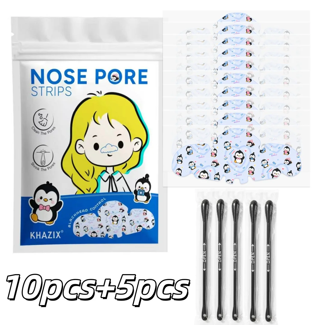 10pcs Cartoon Penguin Nose Pore Strips with 5pcs Cleaning Tools Cute Blackhead Care Nose Patch Deep Cleansing Facial Pore Stic