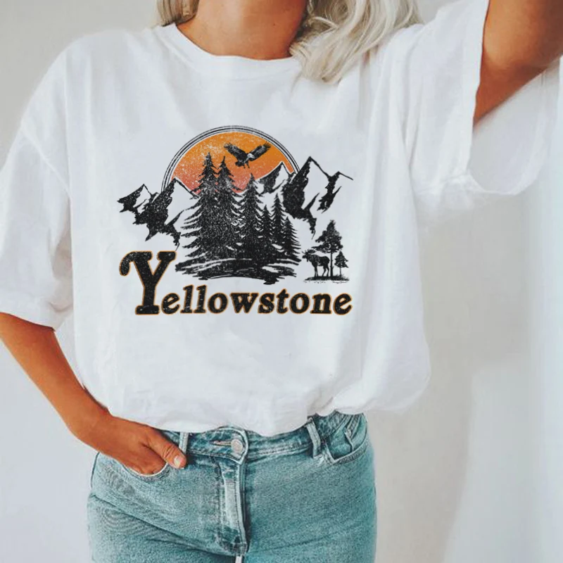 5010Yellowstone Sunset Western Vintage Travel Tshirt Women Summer  Hiking T Shirt Short Sleeve Graphic Tees Ladies Boho Tops