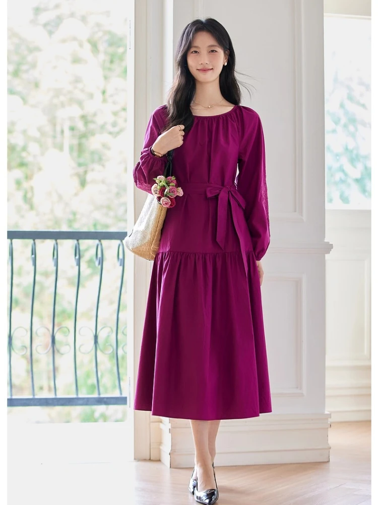 VIMLY Long Dresses 2025 Woman Autumn Elegant Party Pure Cotton Embroidered Hollow Out Dresses Round Neck A-line Lady Dress A2013