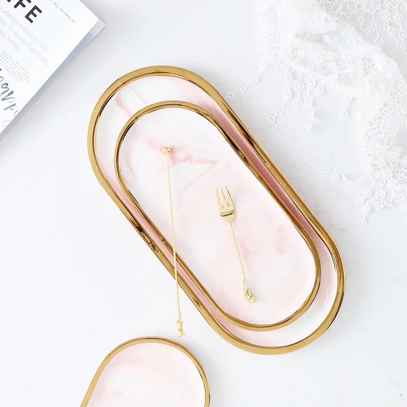 Nordic Marble Dessert dish Ceramic ring necklace jewelry display tray INS Photo props Luxury oval storage plate