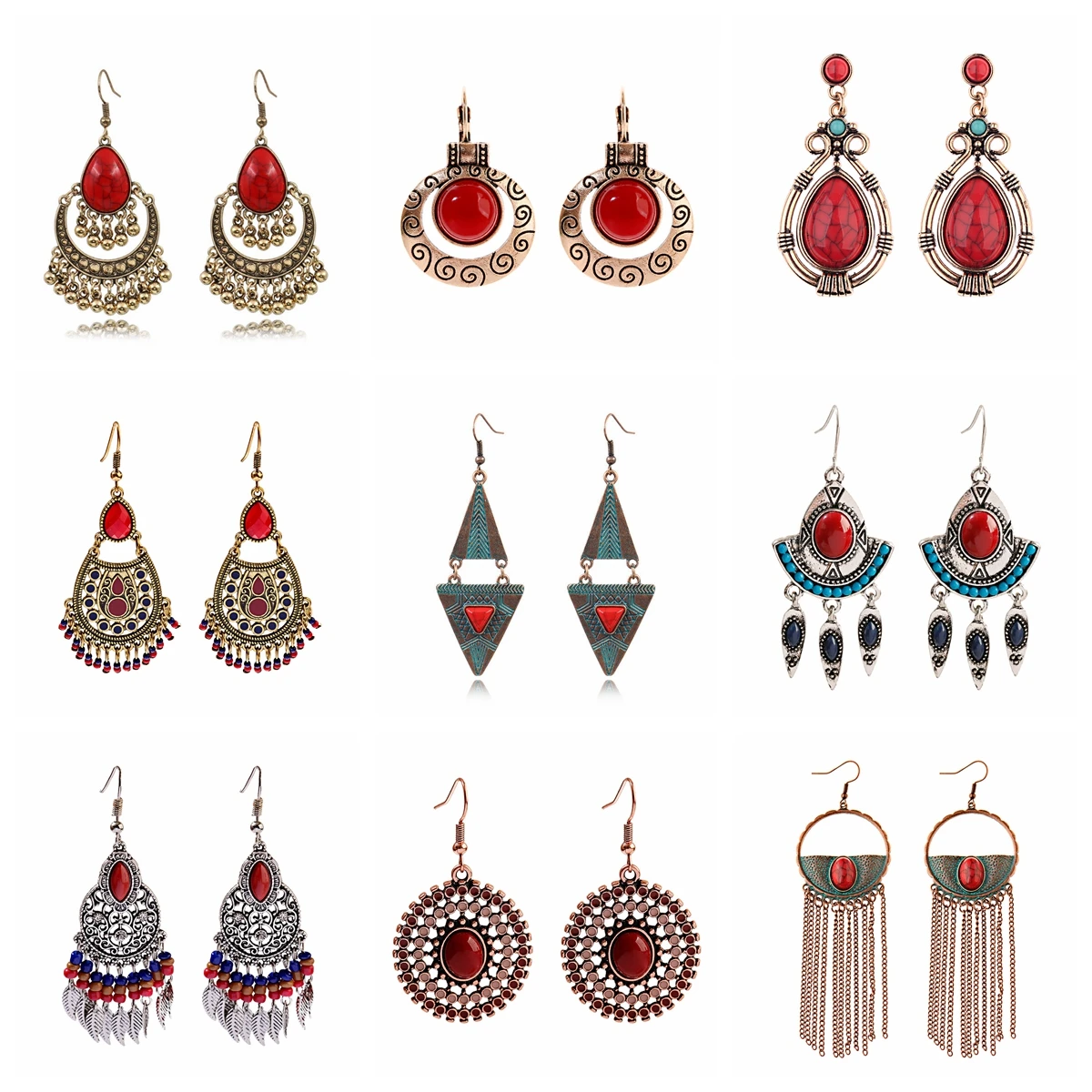 Ethnic Women's Alloy Inlaid Red Stone Earrings Tassel Wedding Danglers Boho Vintage Geometric Earrings Indian Gypsy Jewelry