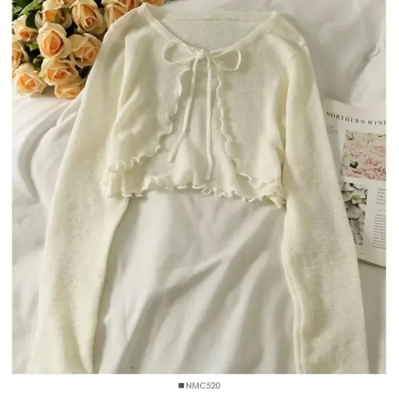 White Knitted Cardigan Women Summer Thin Sunscreen Lace-Up Knitwear Tops Female Korean Style Lantern Sleeve Short Coat