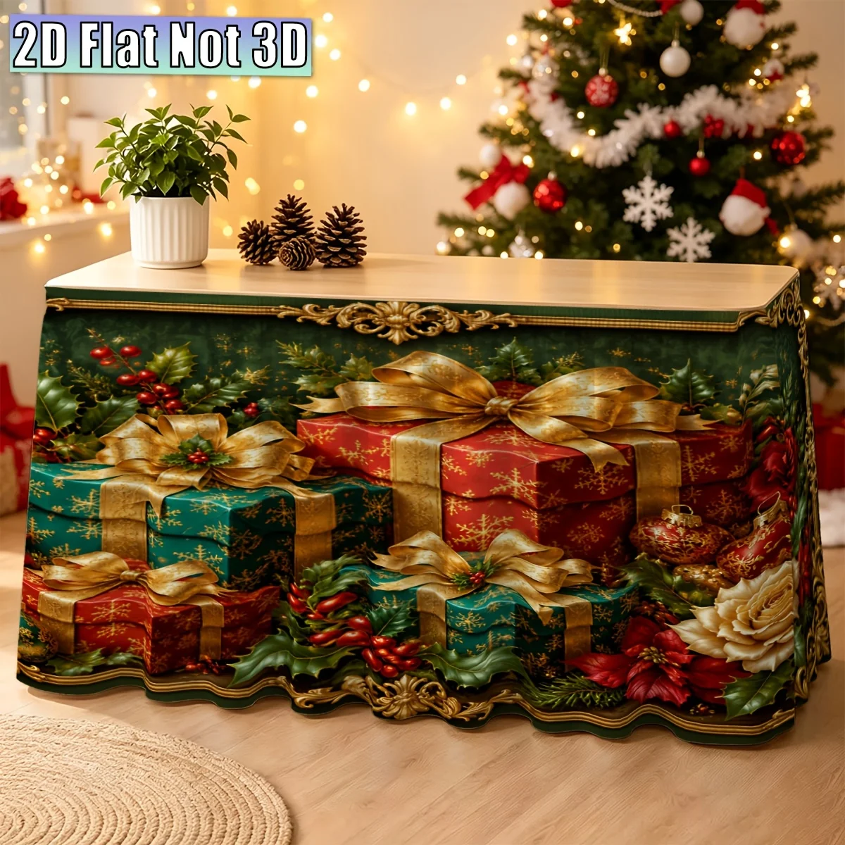 2D flat, 1pc, Party tablecloth, Christmas gift decoration painting, Theme decoration table skirt for parties