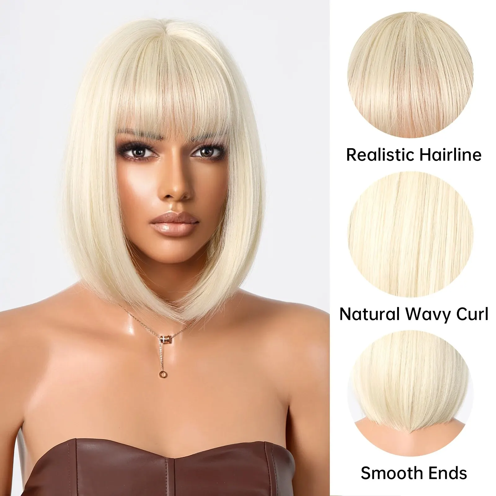 Platynowa blond peruka Bob z grzywką Syntetyczne peruki Cosplay z krótkimi prostymi włosami dla czarnych kobiet Żaroodporne imprezowe codzienne sztuczne włosy — zdjęcie 5