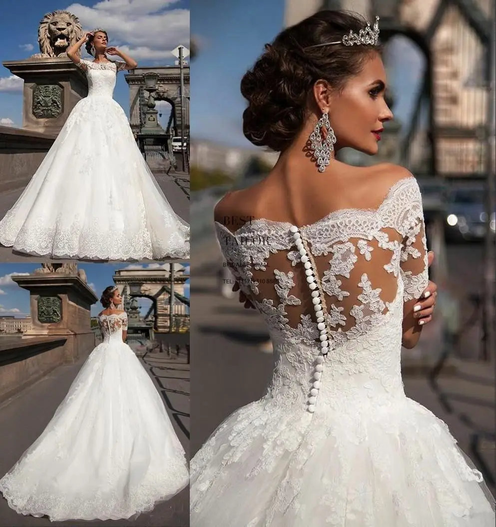 Exquisite Off-Shoulder Lace Ball Gown Wedding Dress with Sheer Back Elegant Button Regal Full-Length Bridal Gown Lace Appliques