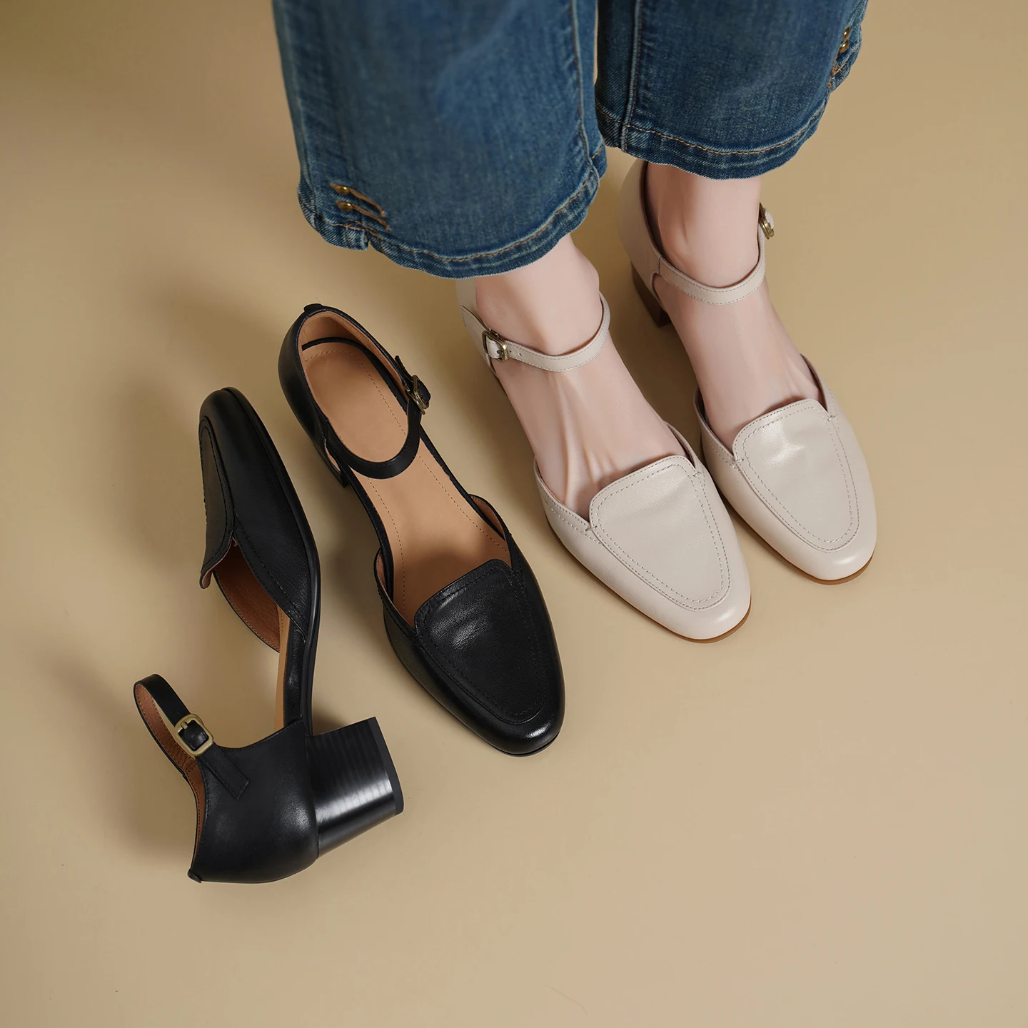 2026 new summer women sandals natural leather 22-25cm cowhide+pigskin round toe ankle-buckle thick heel women shoes fashion