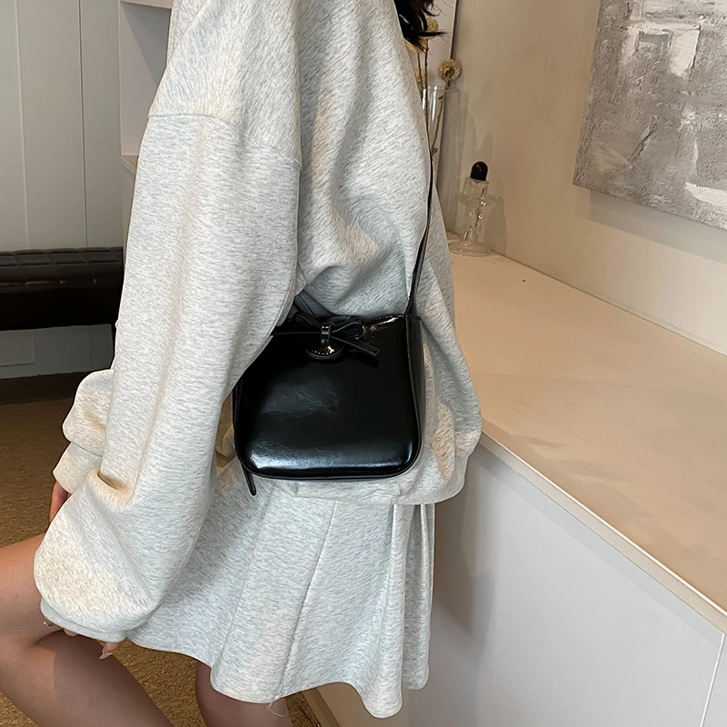 LEFTSIDE Mini Bow PU Leather Shoulder Bag Lady Handbags and Purses Women 2024 Y2K Korean Fashion Solid Color Crossbody Bag