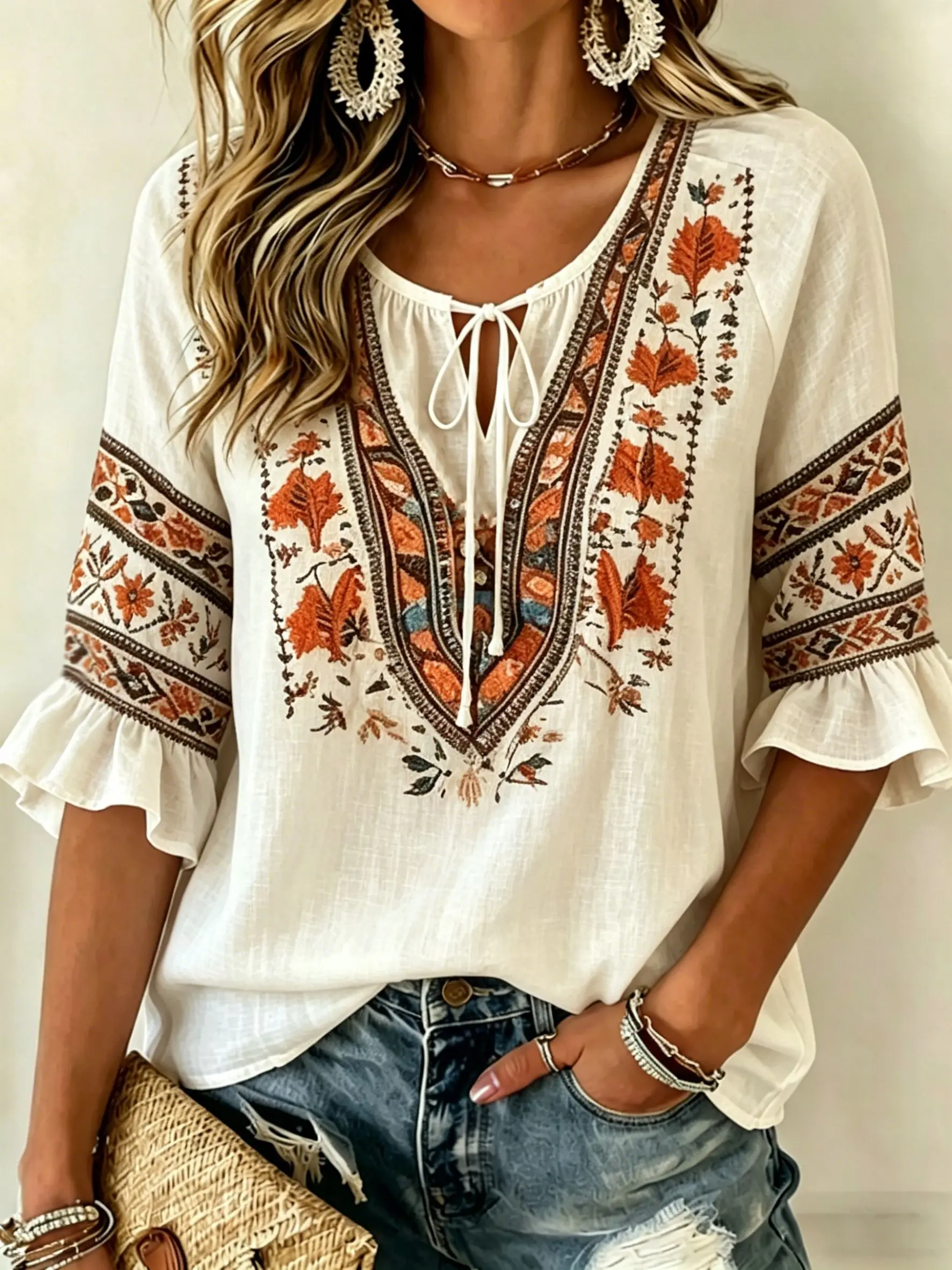 Women's Khaki Vintage Floral Print Tie Neck Blouse, Casual Loose Tops for Spring Summer Daily Wear & Vacation Occasions view 6