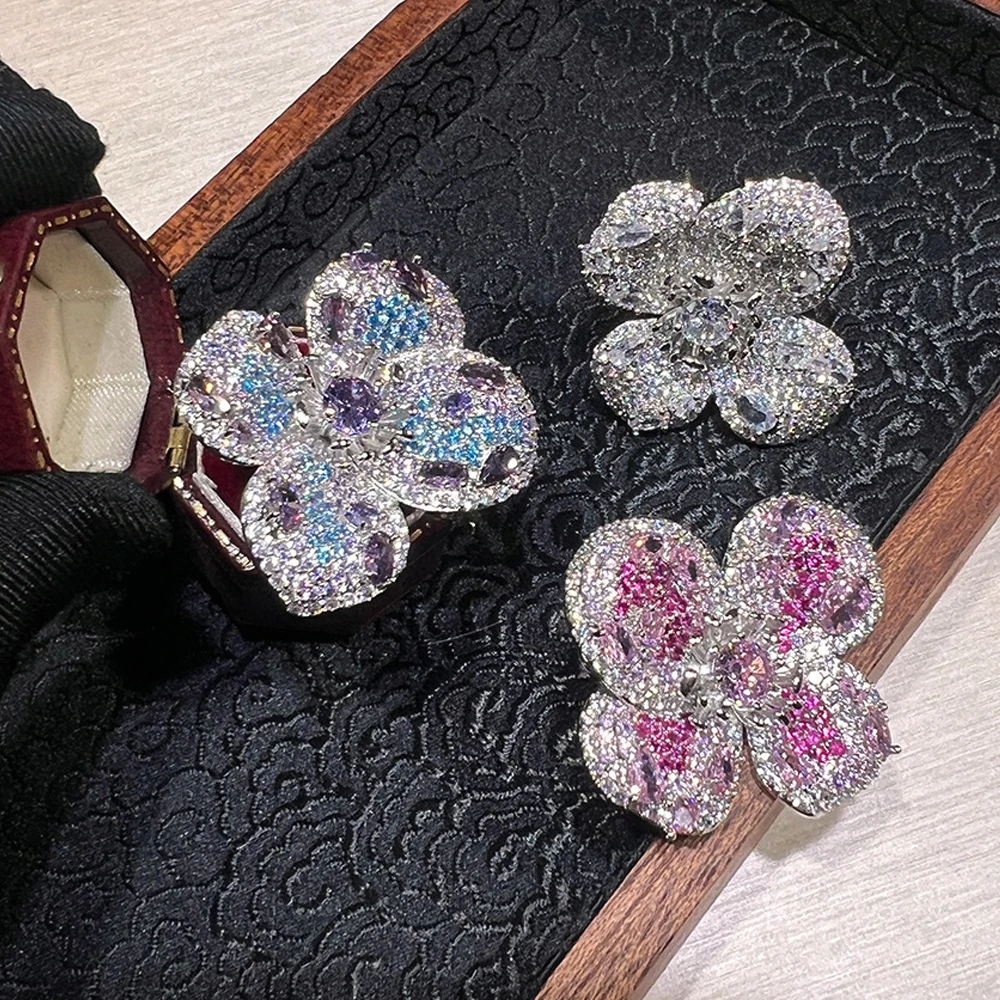 

Sparkling Cubic Zirconia Ring for Women Luxury Jewelry Party Gala Event Blue Pink Silver Color Flower Petals Adjustable Ring