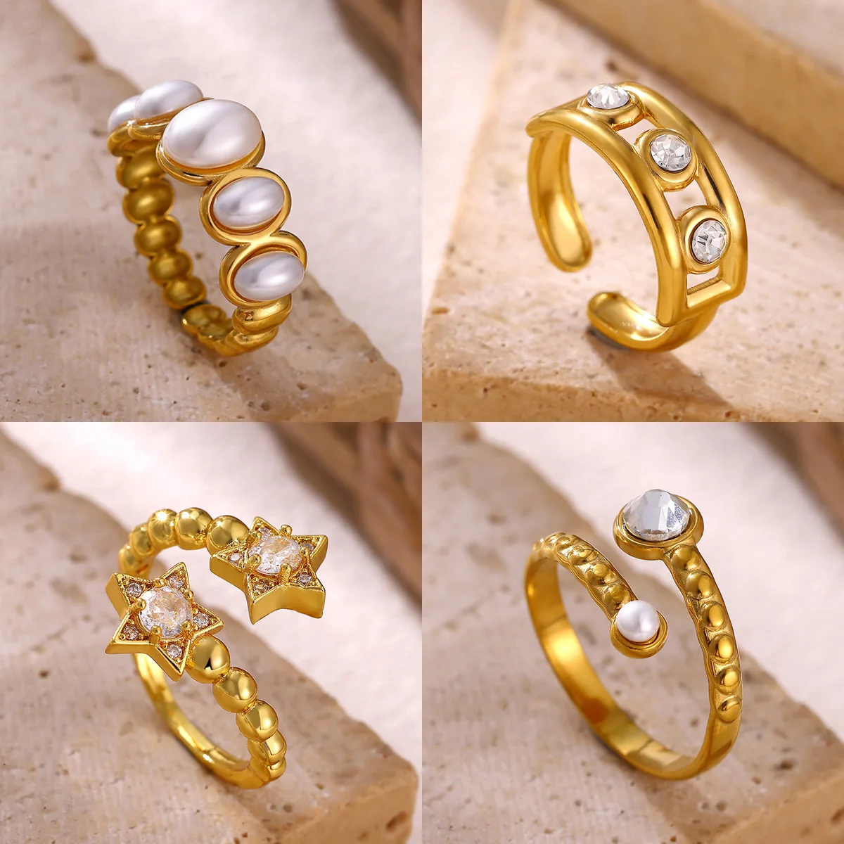 Modischer Simulierter Perlen-Zirkon-Ring für Frauen Geometrischer Stern Stapelbarer Offener Ring Trendiger Luxus-Fingerschmuck Party-Geschenk
