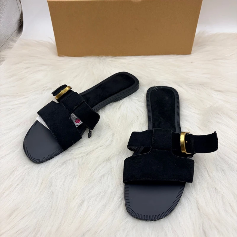 2026 Trendy Suede Buckle Flat Sandals for Women Brown Retro Open Toe Slide Casual Summer Shoes Beach Travel and Daily Footwear
