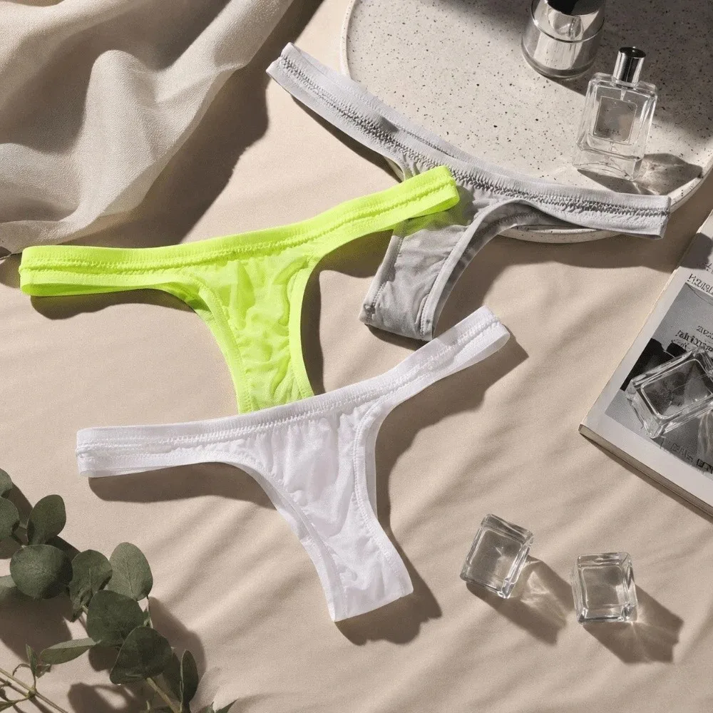 T-shaped Low Waist Ice Silk Thong Transparent Seamless T-back Bikini Briefs U Convex Pouch Lingerie Men Mesh Panties Youth