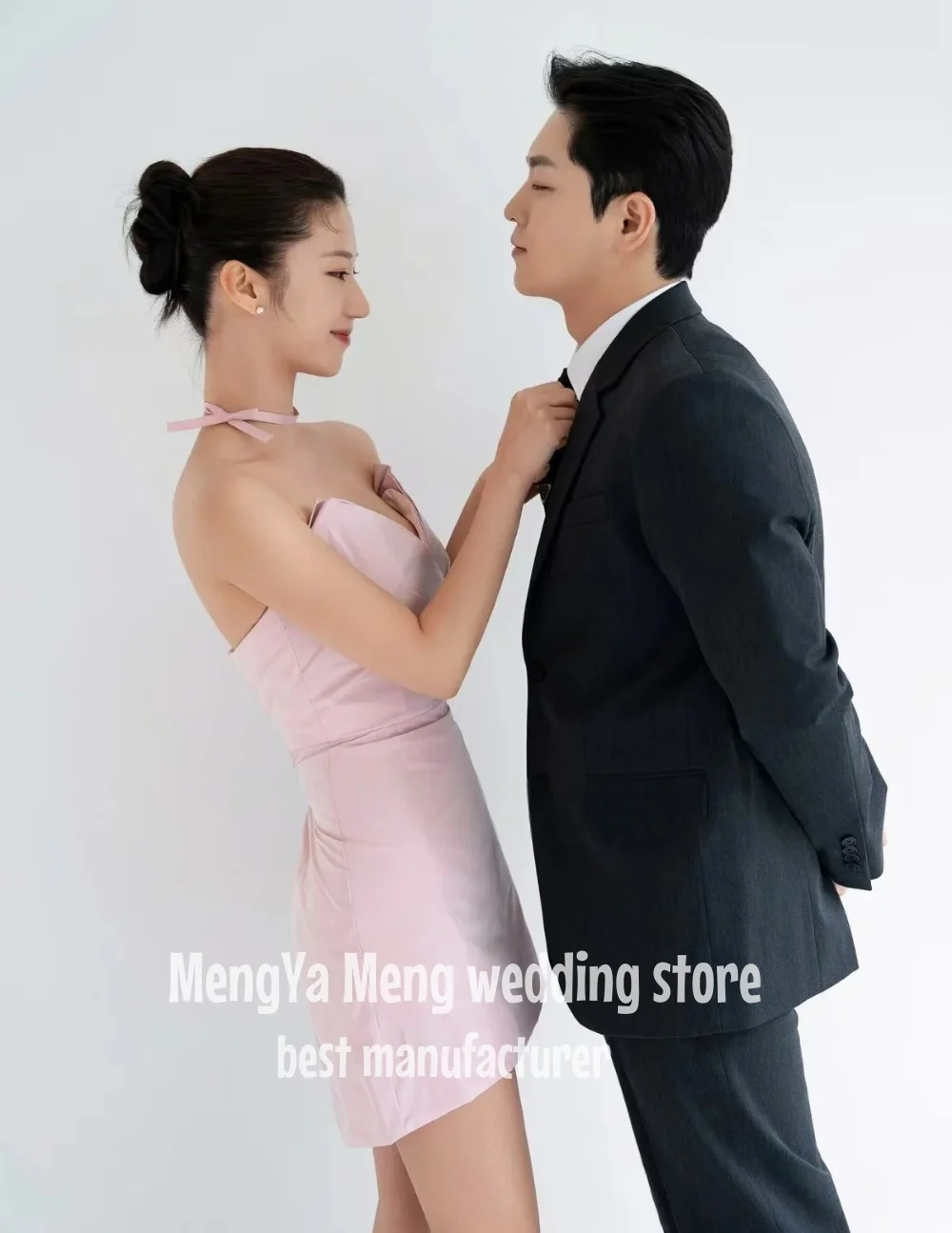 ZHUISHU Sexy Elegant Pink Satin V Neck Evening Gown Mini Dress Date Party Dress Wedding Photography Bridal Ball Gown Customized