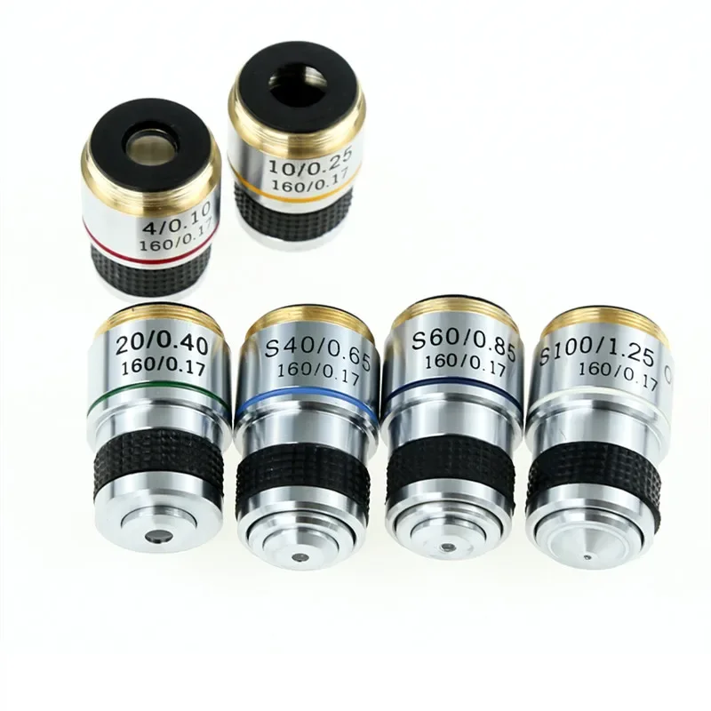 Objectif de microscope biologique achromatique 185, 4X 10X 20X 40X 60X 100X, outils de microscopie, 1 pièce