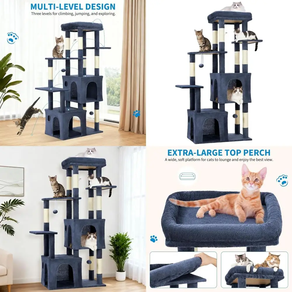 

Huge 61 Cat Tower for Large Felines - High Perch, 2 Rooms, Sisal Scratchers, Toys, Blue Modern Play Center