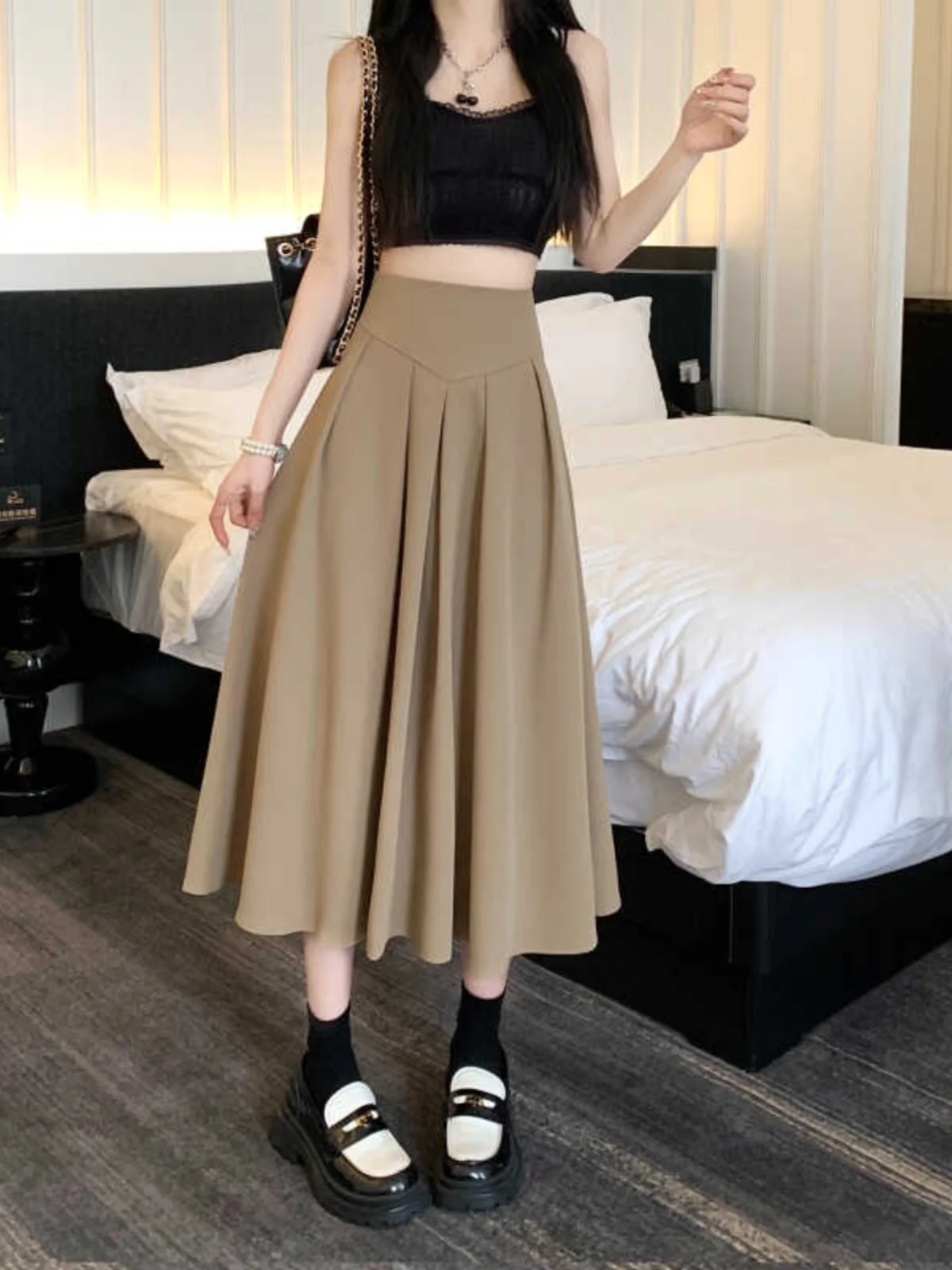 Ele Aラインミディスカート レディース 夏新作 ハイウエスト ドレーププリーツ 多用途 オールマッチ フルアンブレラスカート