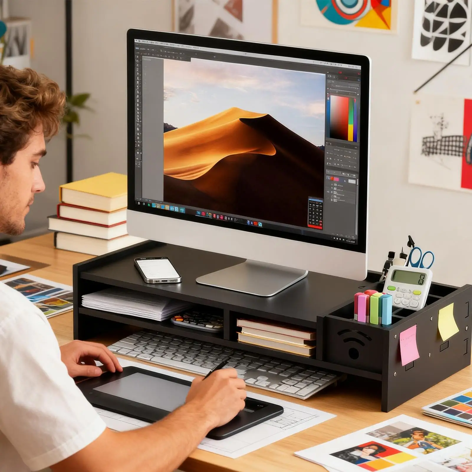 Support de moniteur pour bureau, support de bureau à 2 niveaux, hauteur de 4.3 pouces, support de moniteur d'ordinateur avec organisateur de rangement pour la maison, ordinateur portable, PC, TV