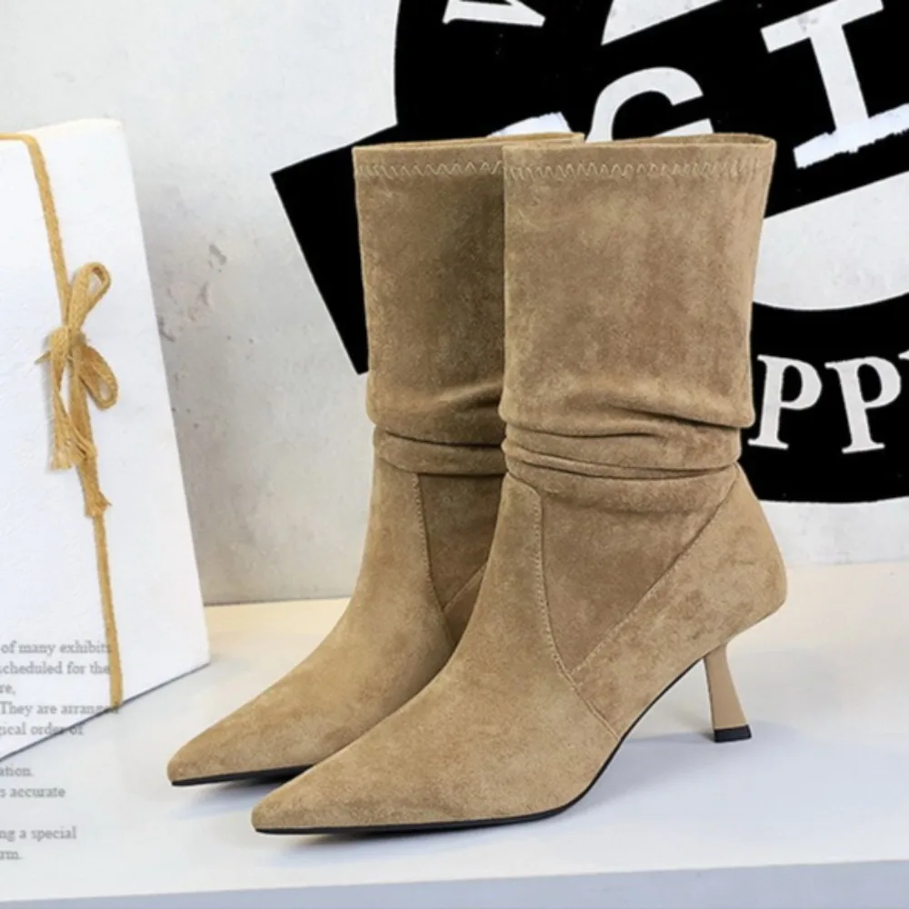 

Woman High Heel Boots Suede Autumn Versatile Medium Tube Short Boots Woman Elastic Suede Pointed Pleated Boots