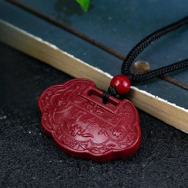 Natural Cinnabar Pendant Ruyi Ping An Long Life Lock Women's Necklace