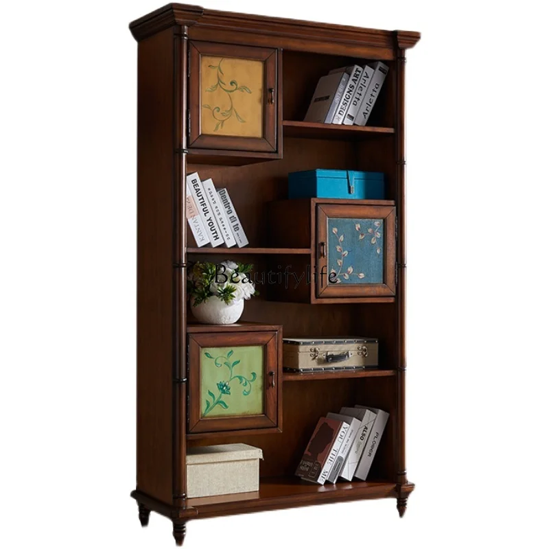 

American solid wood bookcase, painted bookshelf Mediterranean style old wine rack locker