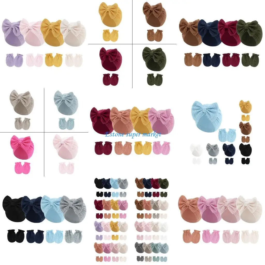 

090B 4 Set Infant Cotton Bonnet Cap Bowknot Hat Mittens Soft & Breathable Elastic Scratch Resist Protections for 0-6 Month